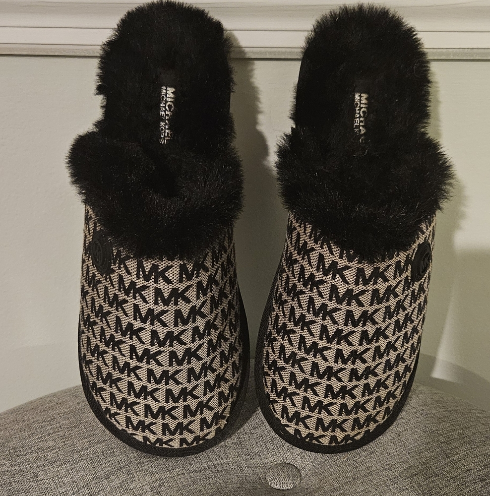 Michael Kors Monogram Black and Taupe Slippers